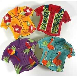 Clay Art Hawaiian Shirt Ceramic 4 Plates Tropical Flamingo Parrot Hibiscus